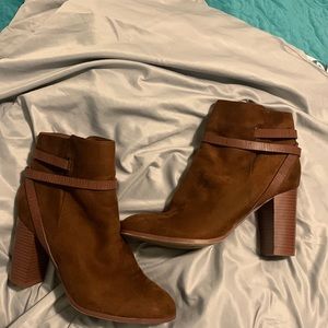 Cognac heeled short boot size 10 with strap detail